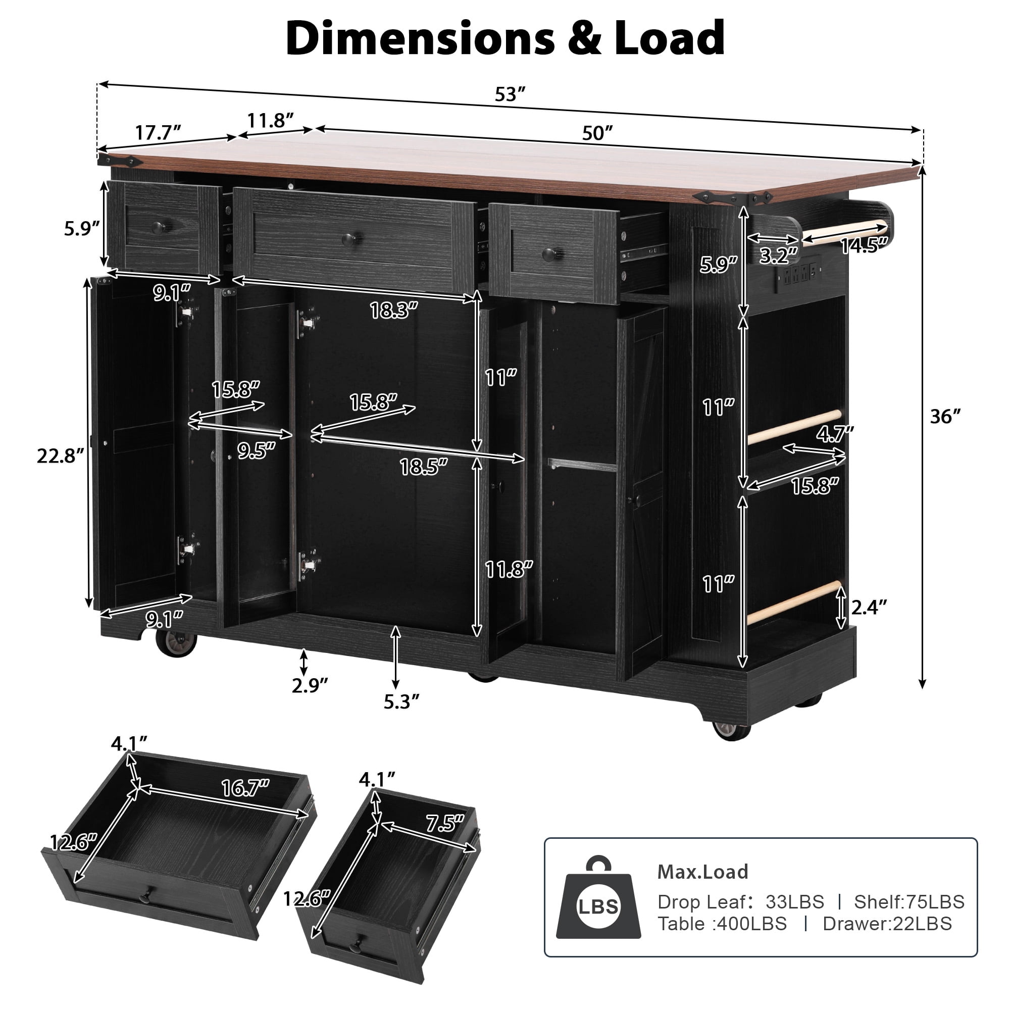 53" Farmhouse Kitchen Island with Tempered Glass Doors, Power Outlets, Drop-Leaf Tabletop, 5 Open Side Shelves & 3 Drawers, Rolling Kitchen Cart for Dining Room, Black