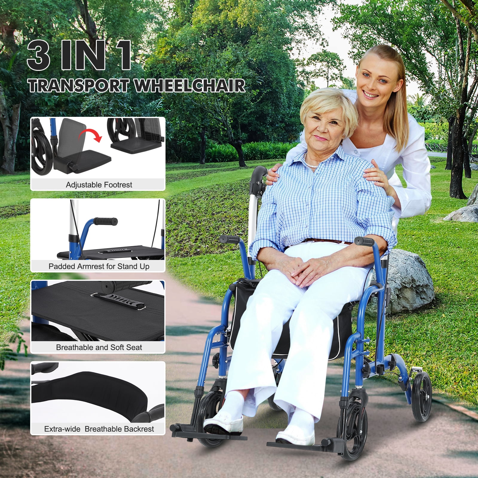 Walkers for Seniors, Rollator Walker with Seat, 2-in-1 Folding Walker & Wheelchair for Seniors,12 in Rubber Wheels Foldable Lightweight Aluminum Walkers, Outdoor Rolling Walker Adjustable Height