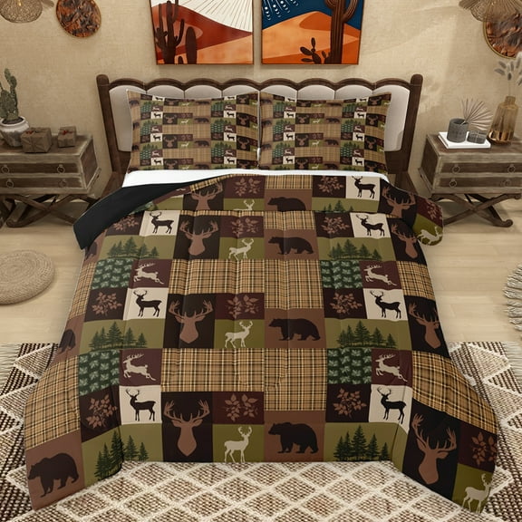 Homewish Rustic Deer Moose Bedding Comforter Set for Men, Wildlife Jungle Bear Twin Comforter Sets, Vintage Brown Patchwork Reversible Bedding Set, Luxury Bedroom Decor, 2 Pieces