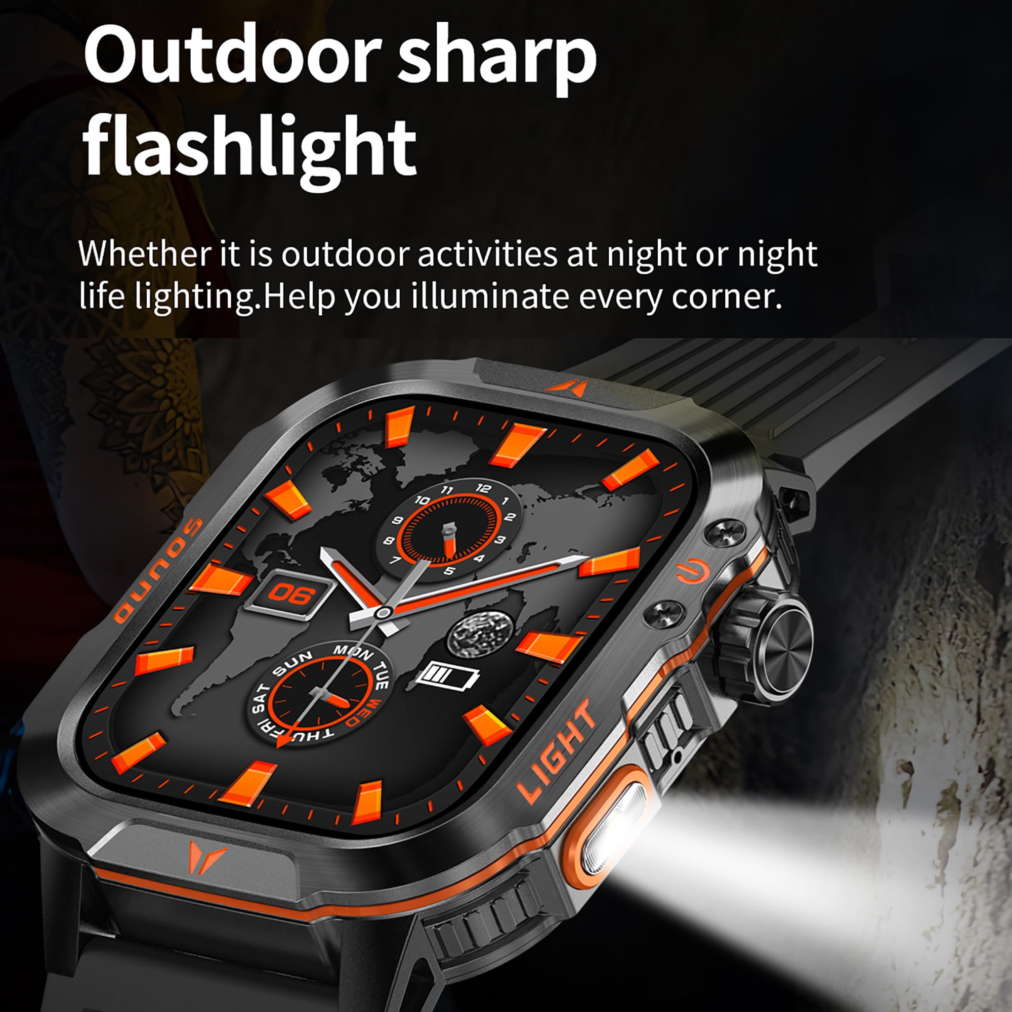 Smart Watch Compass HD Aluminum Alloy Durable IP68 Waterproof with Led Flashlight 600mAh 20 Days Fitness Smartwatch for Android Ios Women Men Watch