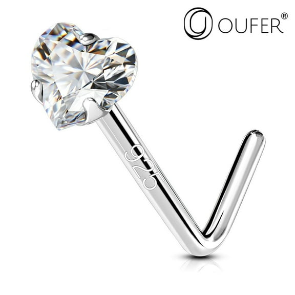 Nose Stud L-Shape 20G 7MM 925 Sterling Silver Heart Cut Clear Cubic Zirconia