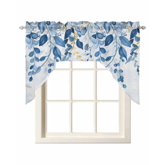 Blue Eucalyptus Leaves Swag Valances for Windows, Small Curtains Drapes, Watercolor Botanical Weeping Leaf Kitchen Window Curtains Over Sink Window Treatment Valance for Bedroom/Bathroom 56"x36"