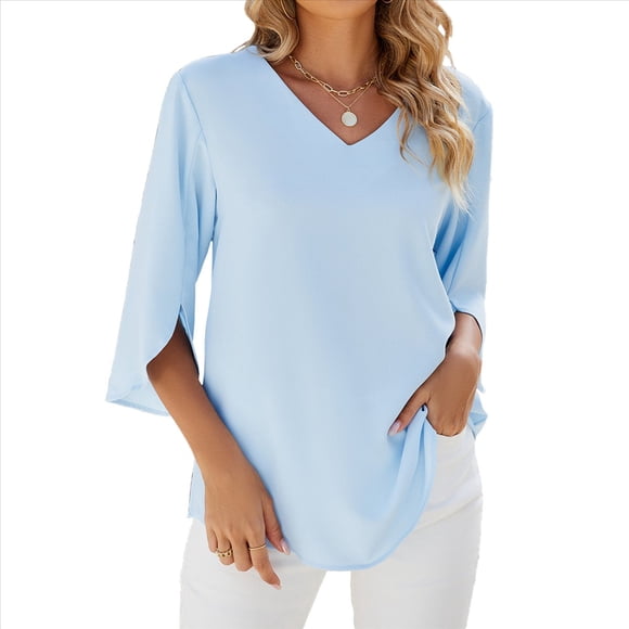 Blusas Elegantes e Informales para Mujer, de 1/2, para Trabajo, Oficina, de , con Cuello en V, Color Azul , Talla XL