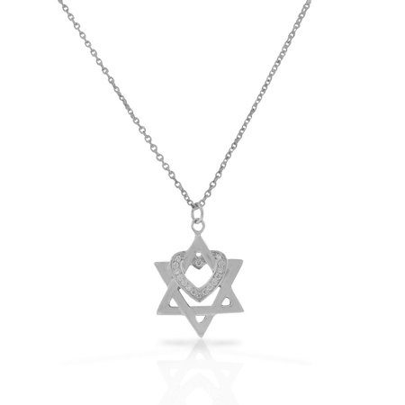Love Star Of David Pendant - 925 Sterling Silver White Clear CZ Jewish Star of David Love Heart Pendant Necklace