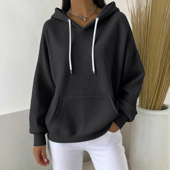 Women's Waffle Hooded Sweatshirt, Casual Solid Color Pullover, Soft Stretchable Hoodie, Loose Fit Long Sleeve Top, Everyday Comfort Wear, Street Style Lounge Hoodie Black L