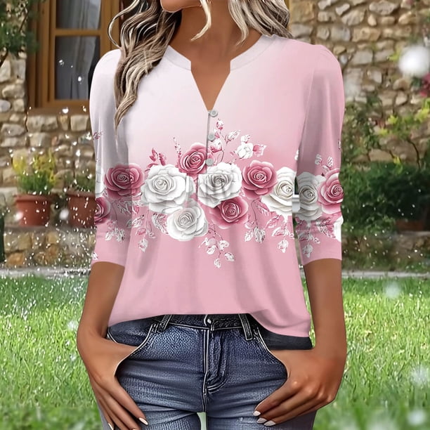 TaTaai Women's Casual Button Blouse V-Neck 3/4 Sleeve Printed Pleated Detail Loose Fit Modern Spring Summer Everyday Top Gift