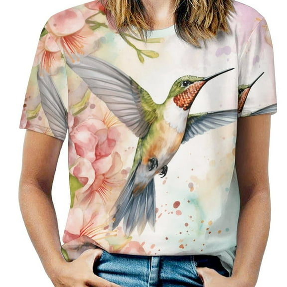 Flower Hummingbird Womens Tops Women's Fashion Casual Short Sleeve Flower Print Round Neck Pullover Top Blouse
