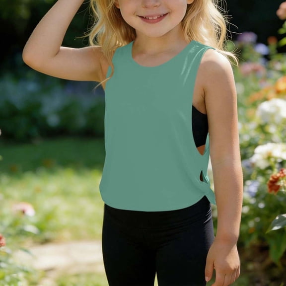 Oiangi Girls Tank Tops Crew Neck Workout Sleeveless Shirts Cutout Twist Side Crop School Uniform Green 12 Years