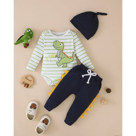 KIMI BEAR 0 Months Newborn Baby Boys Outfit Set 3 Months Boy Clothes Long Sleeves Romper Dinosaur Striped Pullover Tops Color Blocl Pants with Hat 3pcs Clothing Green