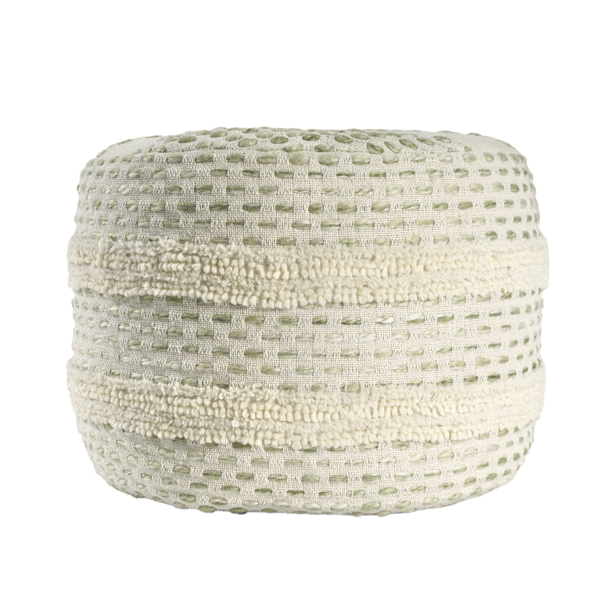 Ox Bay Amadeus Striped Farmhouse Cotton Ultra-Soft Indoor Ottoman Pouf, White/ Sage, 18" x 18" x 14"