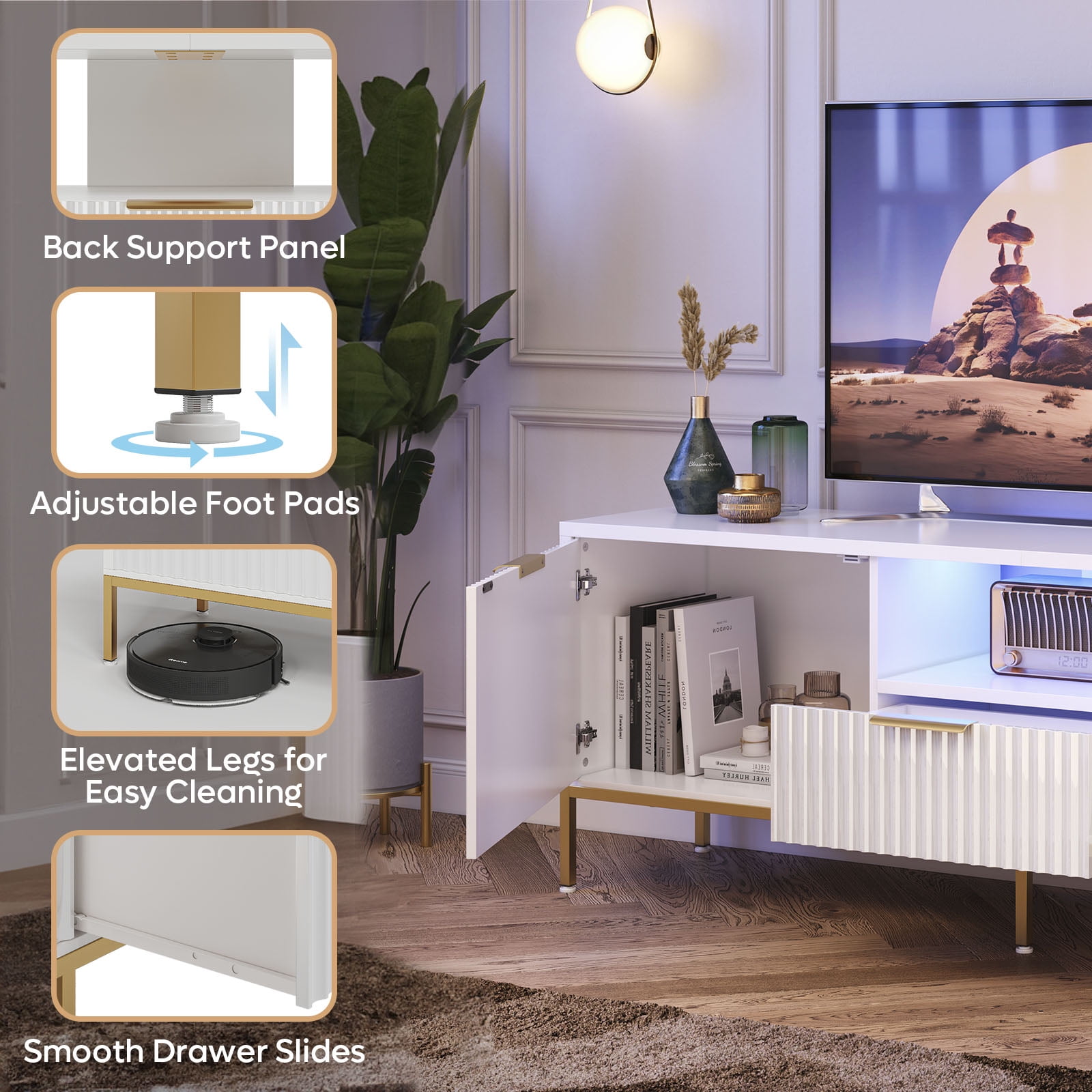 Bestier 55" LED TV Stand for TVs up to 60" Modern High Gloss Entertainment Center with Drawers Cabinets Fluted TV Console, White & Gold