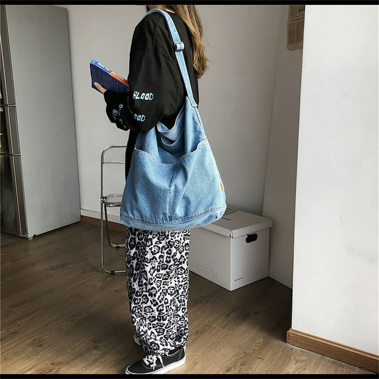 Blue Denim Color Canvas Shoulder Bag, Vintage Chain Tote Bag