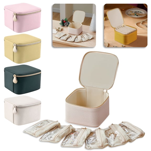 LAMIRO Leather Travel Jewelry Boxes, Small Jewelry Case with 6 Zipper Bags, Travel Jewelry Organizer for Jewelry Necklaces Rings Earrings