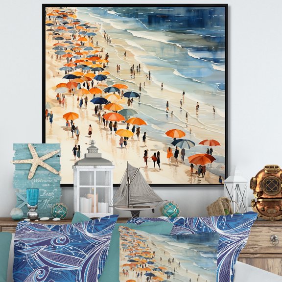 Designart "Tranquil Beach Day with Orange Umbrella III" Beach Framed Wall Art - Orange Beach People Bedroom Framed Canvas Wall Art