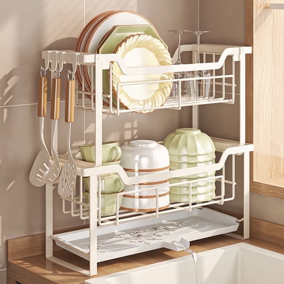 Luckytree 2-Tier Steel Dish Drying Rack, Large Space-Saving Dish Racks,Narrow Dish Drainer for Kitchen Counter Organizer ,6.7"W x 17"L,White