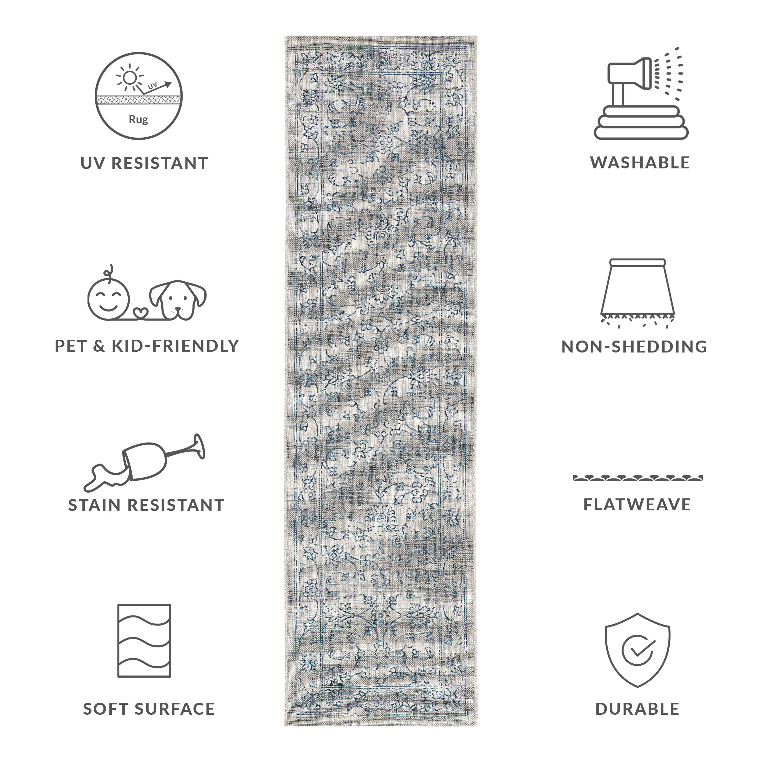 SAFAVIEH Courtyard Darin Traditional Indoor/Outdoor Runner, 2'3" x 8', Grey/Navy