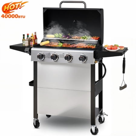 40000BTU Propane Gas Grill, Seizeen Stainless Steel 4-Burner BBQ Grill , Outdoor Patio Camping Portable Grill w/Foldable Side Table, Hanging Basket, Steel Brush, Universal Wheels