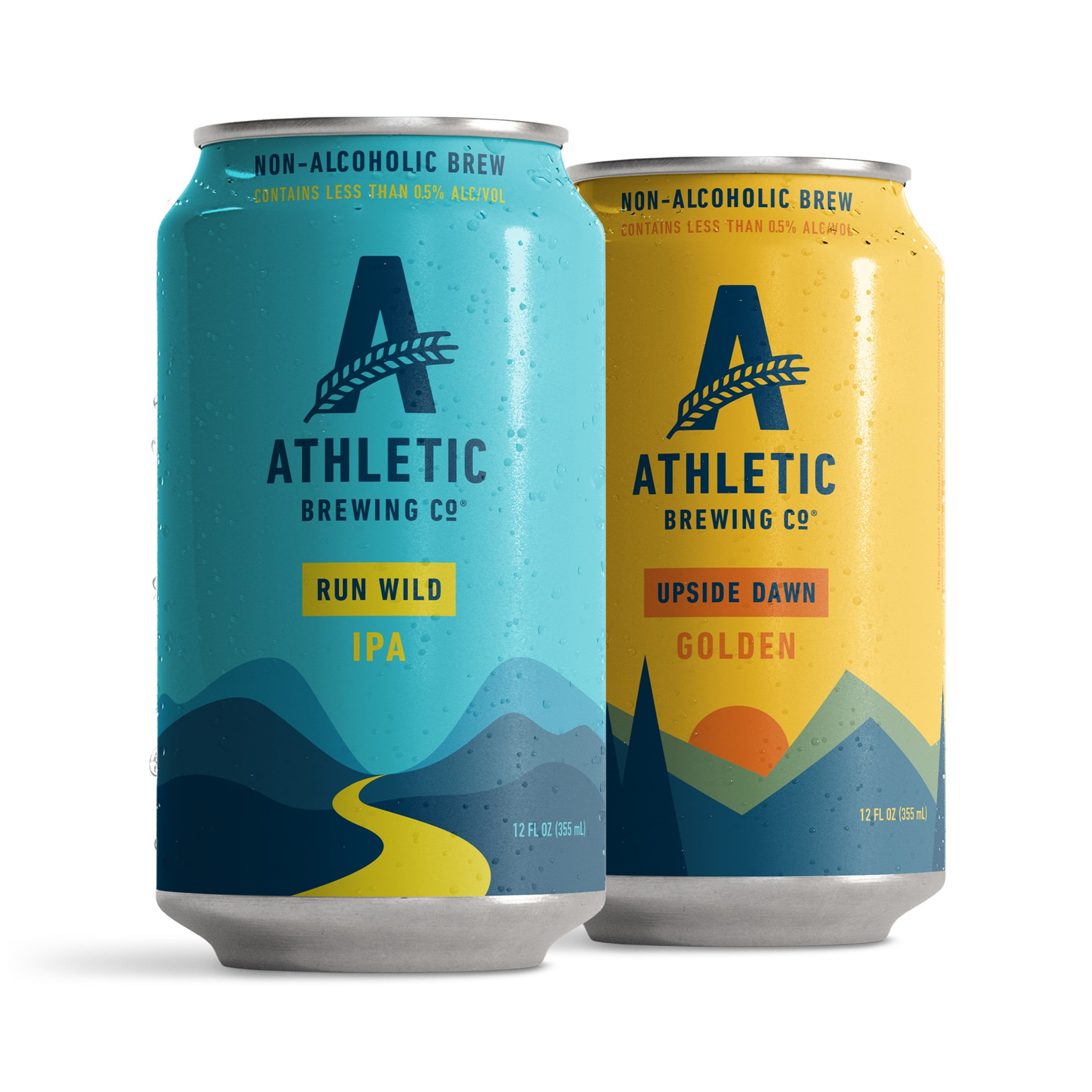 Athletic Brewing Non-Alcoholic Beer, Run Wild IPA + Upside Dawn Golden, 12 fl oz Cans, Pack of 24, 0.5% ABV