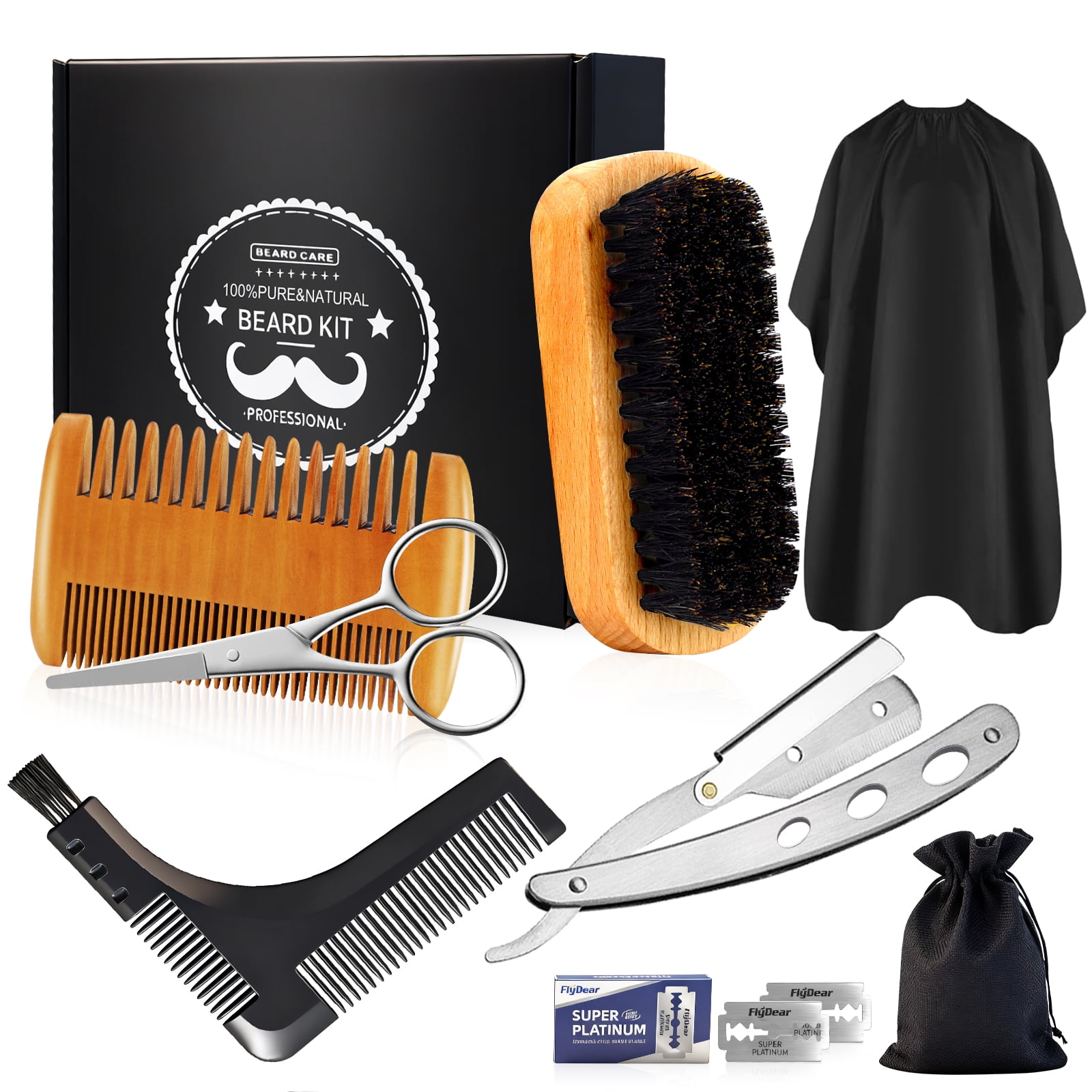 DUAIU Beard Grooming Kit for Men Complete Beard Care Set with Dual-Side Wooden Comb Boar Bristle Brush & Storage Bag Beard Trimming & Maintenance Tools | Essential Mens Grooming Accessories(8Pcs )