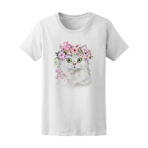 Watercolor Cat Flower Wreath T-Shirt Women -Image by Shutterstock, Female Large