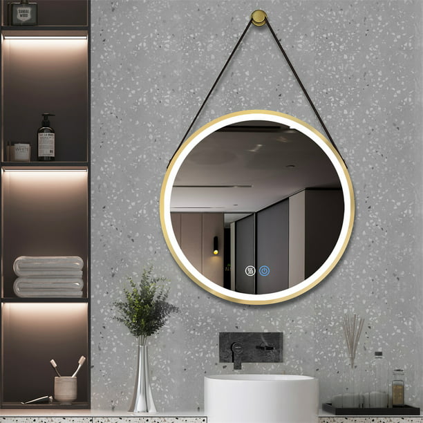 Round Hanging LED Mirror, Modern Gold Frame Bathroom Mirror with Lights and Leather Strap, Anti-Fog Dimmable Hanging Circle Mirror Vanity Mirror for Bathroom Living Rooms Entryway - Walmart.com