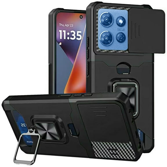 Military Grade All-In-One Ring Stand Card Case for Motorola Moto G 2025 - Black