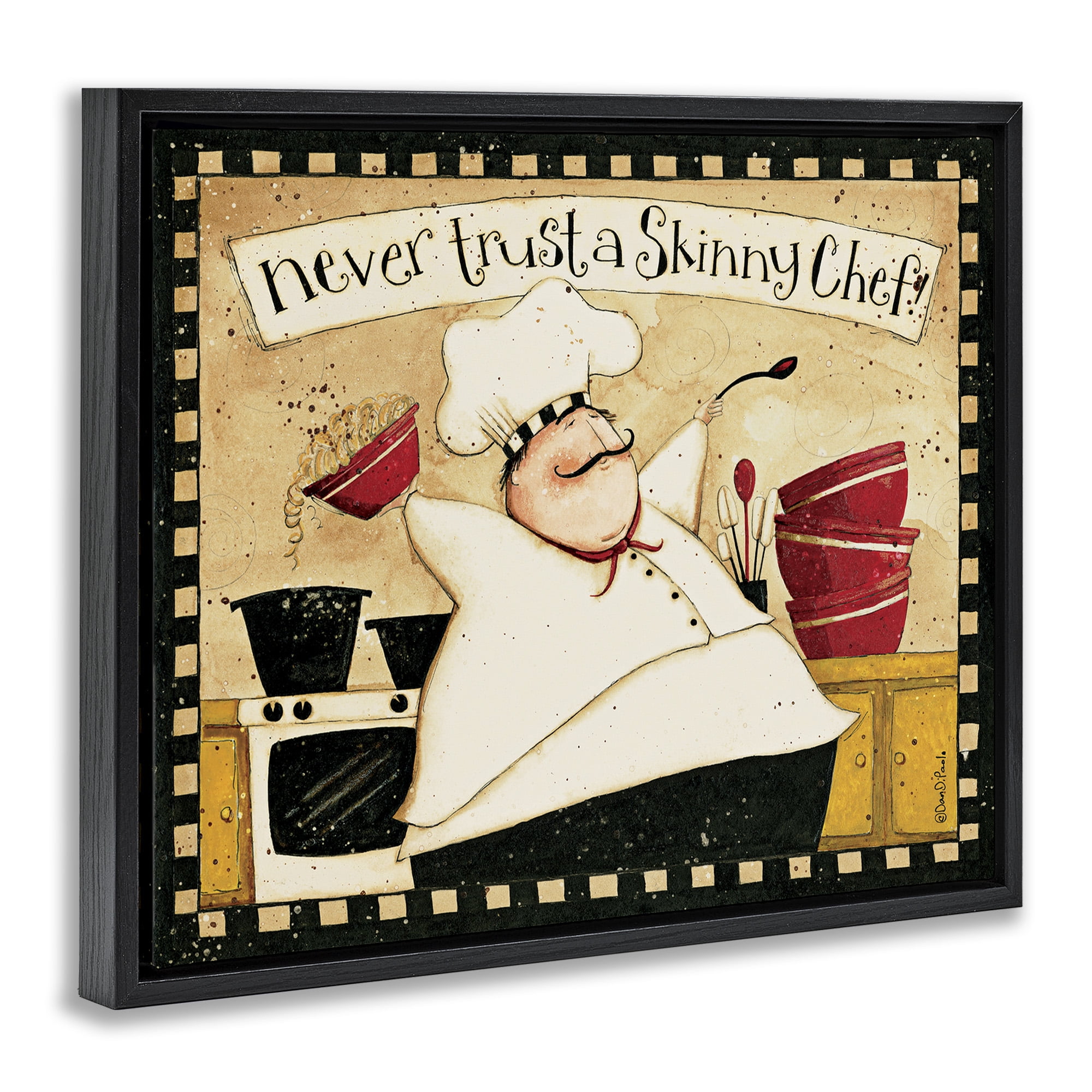 Stupell Industries Skinny Chef Funny Kitchen Food & Beverage Painting Black Floater Framed Canvas Art Print Wall Art, 21 x 17