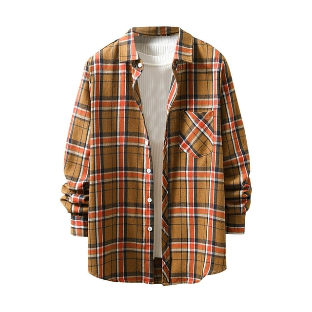 TIMIFIS Men's Plaid Shirts Button Down Regular Fit Long Sleeve Plaid Casual Shirts-OrangeFall s