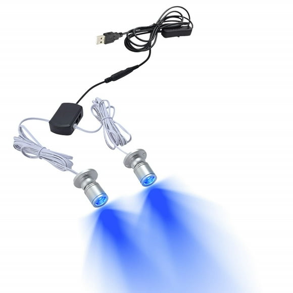 FSLiving 2-Lights 1W Mini LED Blue Light Spotlights 360° Rotatable Dimmable Breathable Lighting Silver Shell with 6.5 Ft USB Dimmable Cable for Accent Lighting Cartoon Showcase Cabinet Lego Model