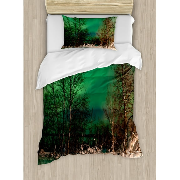 Aurora Borealis Duvet Cover Set, Snowy Frozen Road Path Between Leafless Trees Finland Park, Decorative 2 Piece Bedding Set with 1 Pillow Shams, Twin Size, Jade Green Brown White, by Ambesonne