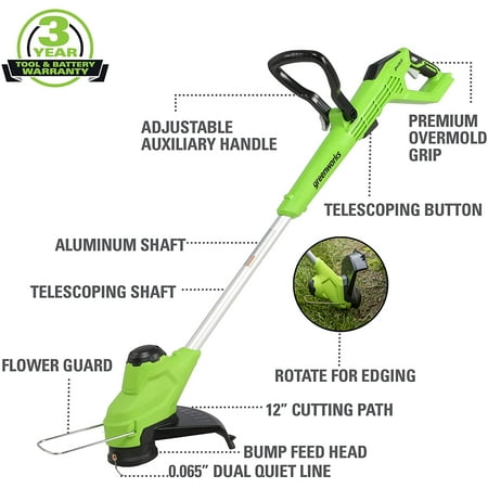 Greenworks - TORQDRIVE 24-Volt 12-Inch Cutting Diameter Straight Shaft Grass Trimmer and Edger (1 x 2.0Ah Battery and 1 x Charger) - Black/Green
