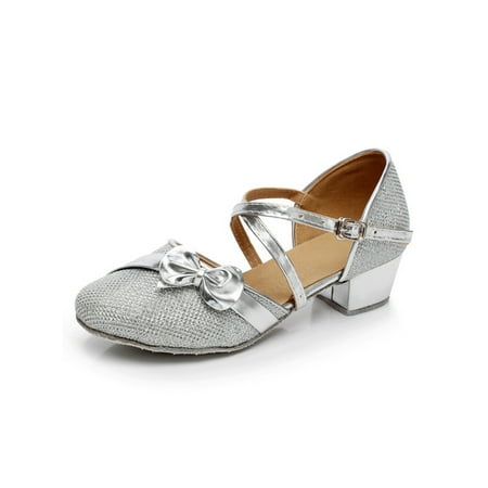 

Colisha Girl Latin Shoe Ballroom Mary Jane Sandals Tango Dancing Shoes Dance Cross-Strap Social Silver 9C