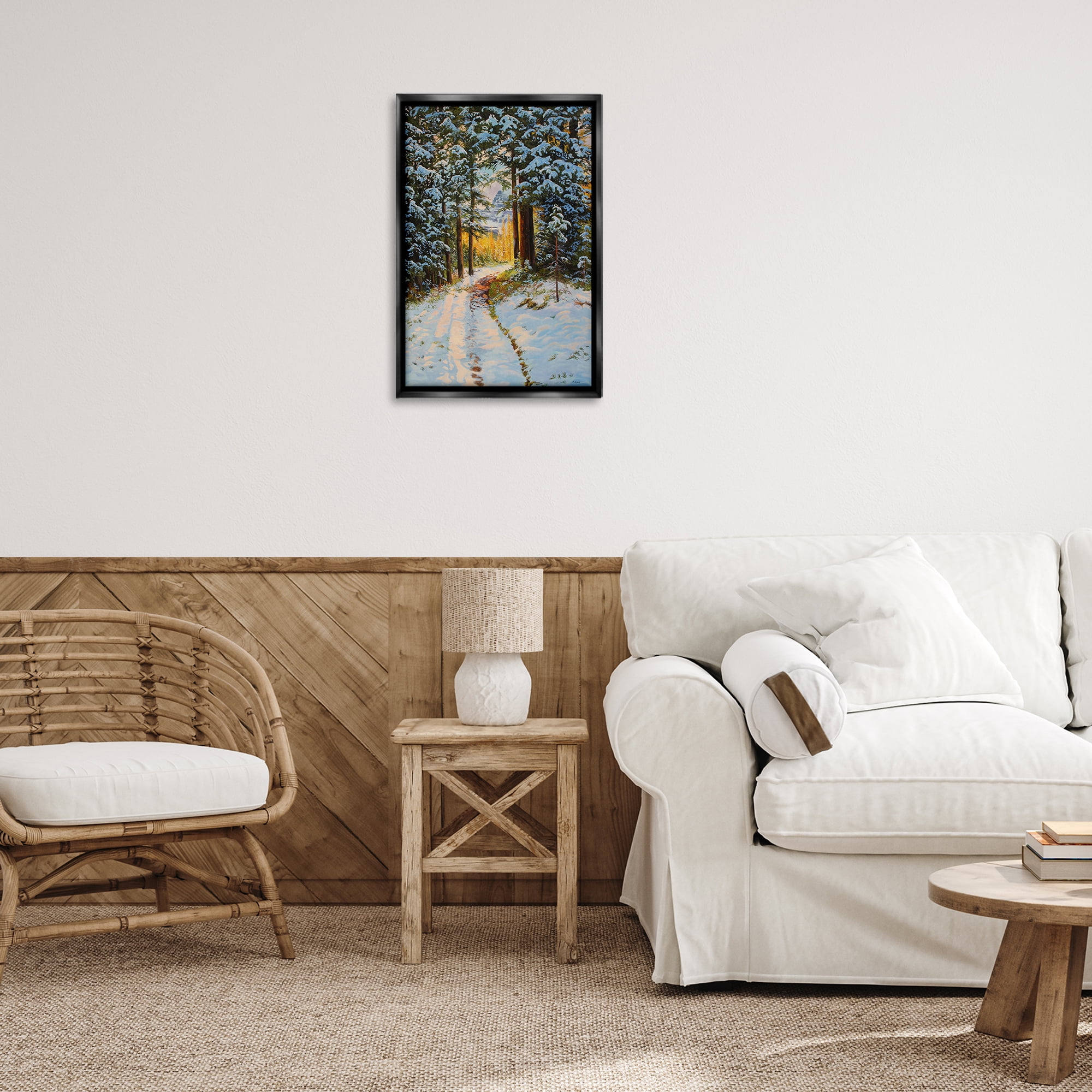Stupell Industries Snowy Forest Trail Landscape & Nature Painting Black Floater Framed Canvas Art Print Wall Art, 17 x 25
