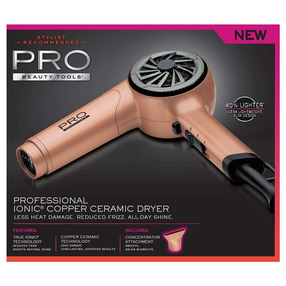 PRO Beauty Tools 1200 Watt Ionic Copper Ceramic Hair Dryer With Concentrator Attachment, Corded Electric Hair Blow Dryer