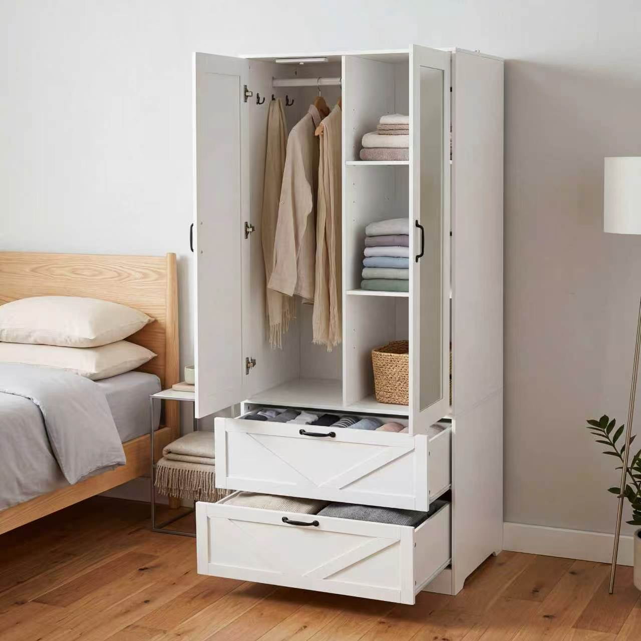 Mintazer 71" Tell Wardrobe Armoire with Mirror Door & 2 Large Drawers and Built-in Induction Light, Freestanding Clothing Storage Cabinet with Hanging Rod & Shelves for Bedroom, White
