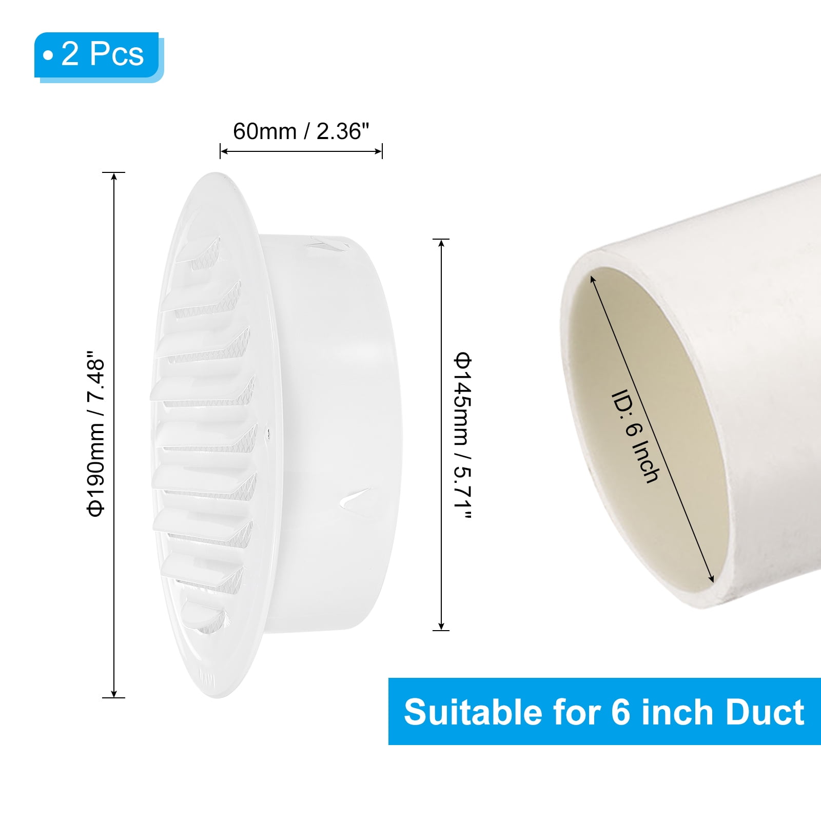 Uxcell 6" Round Air Vent Cover, 2Pcs 304 Stainless Steel Louvered Grill Screen Mesh Ducting Vent for Ventilation, White