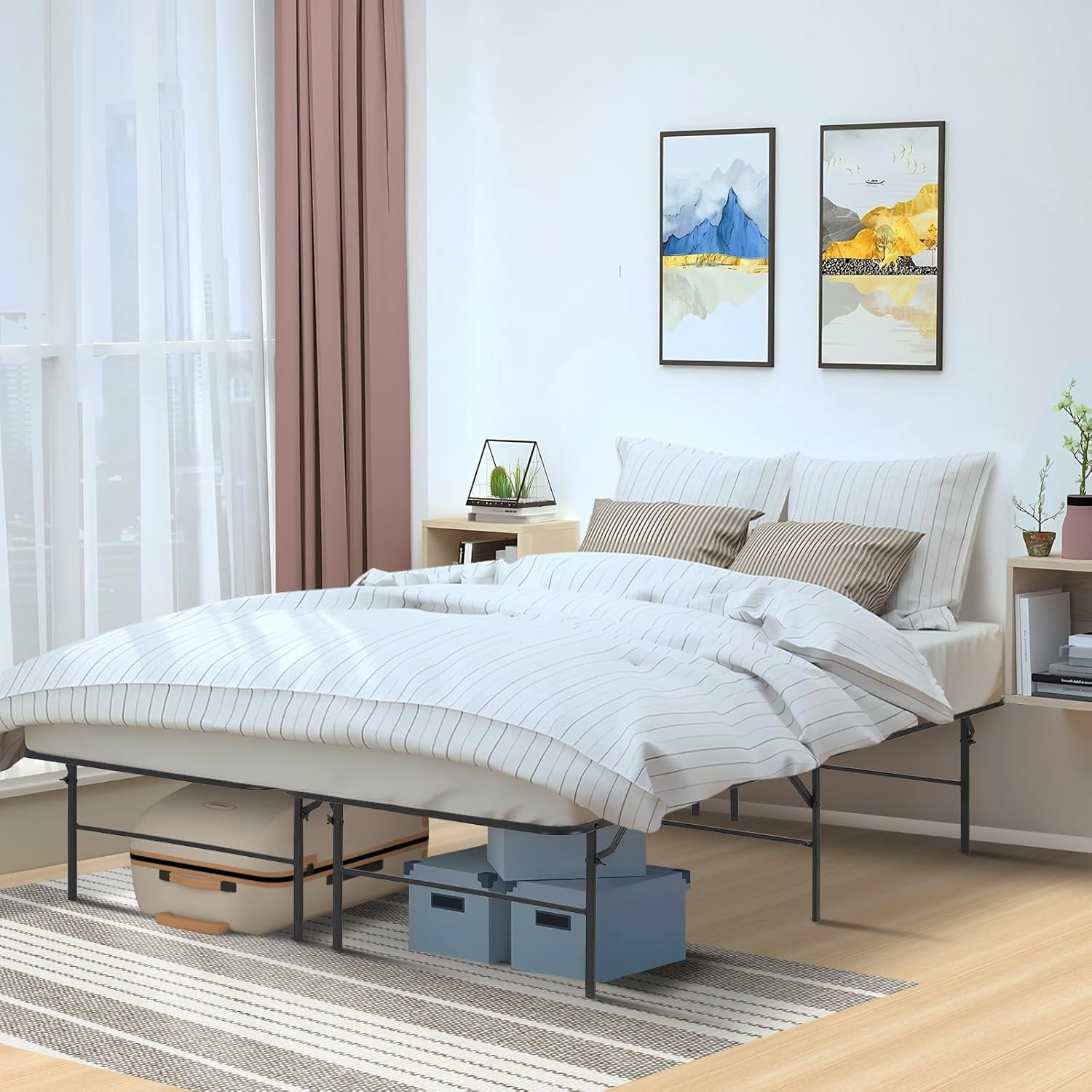 Dkelincs 14 inch Full Bed Frame Metal Platform Folding Mattress Foundation Platform Heavy Duty Steel Slat Bed Frame with Storage Space, Black