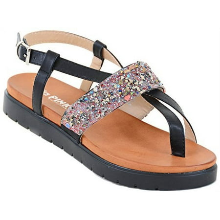 FALLON-04 Women's Open Toe Slingback Casual Thong Vegan Leather Sandal (a-Black, 6 B(M) US)