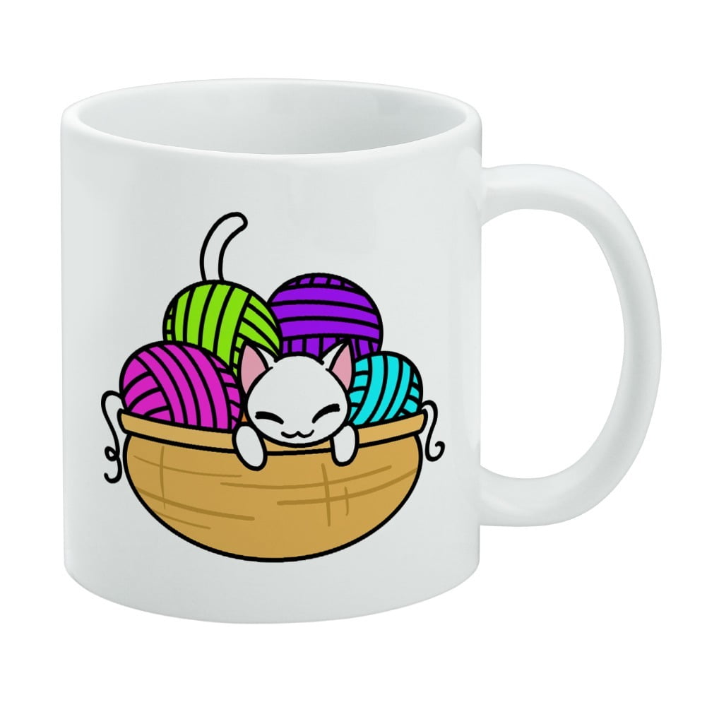 Cat In Yarn Basket White Mug