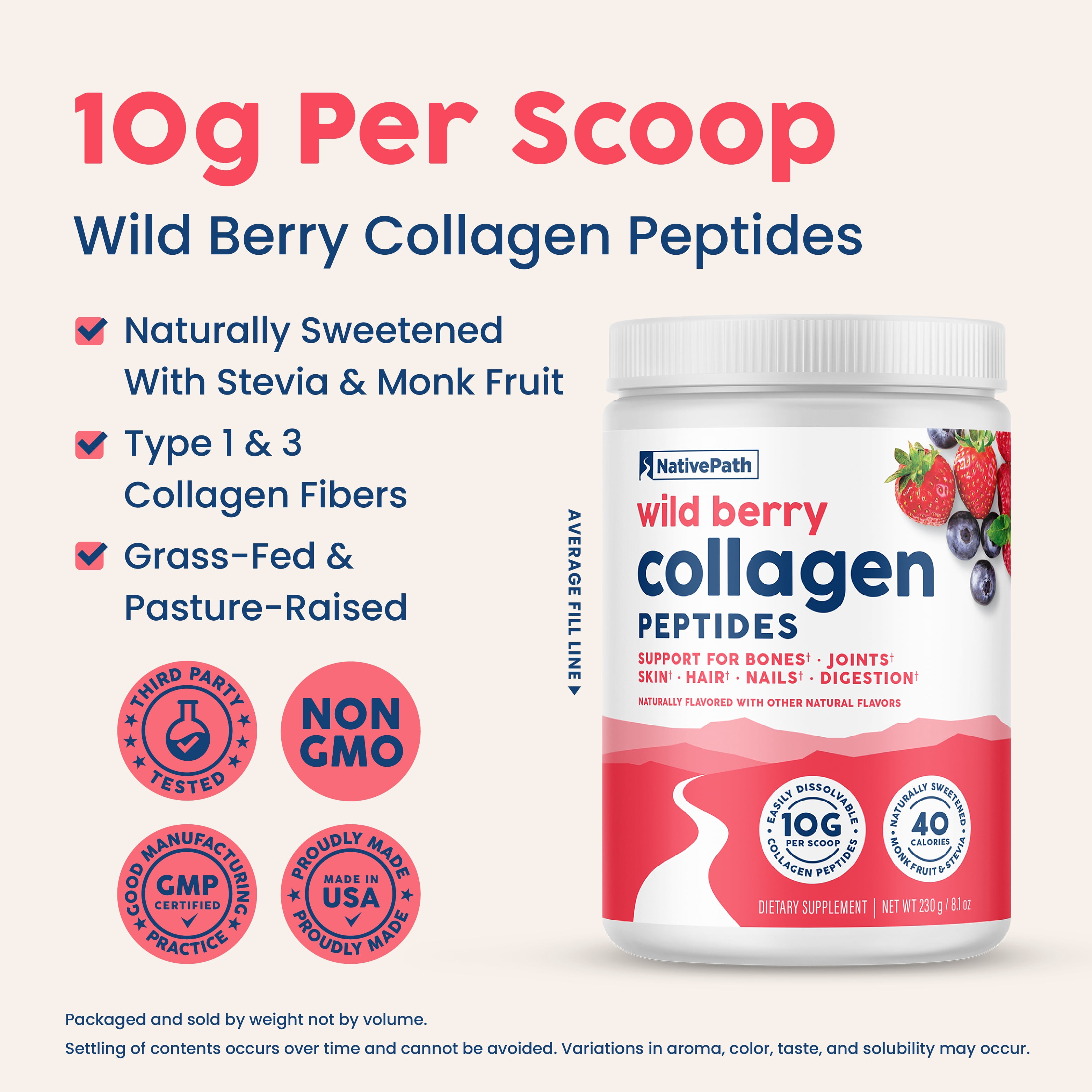 NativePath Wild Berry Collagen Peptides Powder, Grass-Fed Type 1 and 3, Keto, 20 Servings