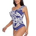 thumbnail image 2 of Gaeub Blue And White Porcelain Pattern Women's One Shoulder Ruffle Tummy Control Swimwear for Swimming Surfing Beach Party - XX-Large, 2 of 8