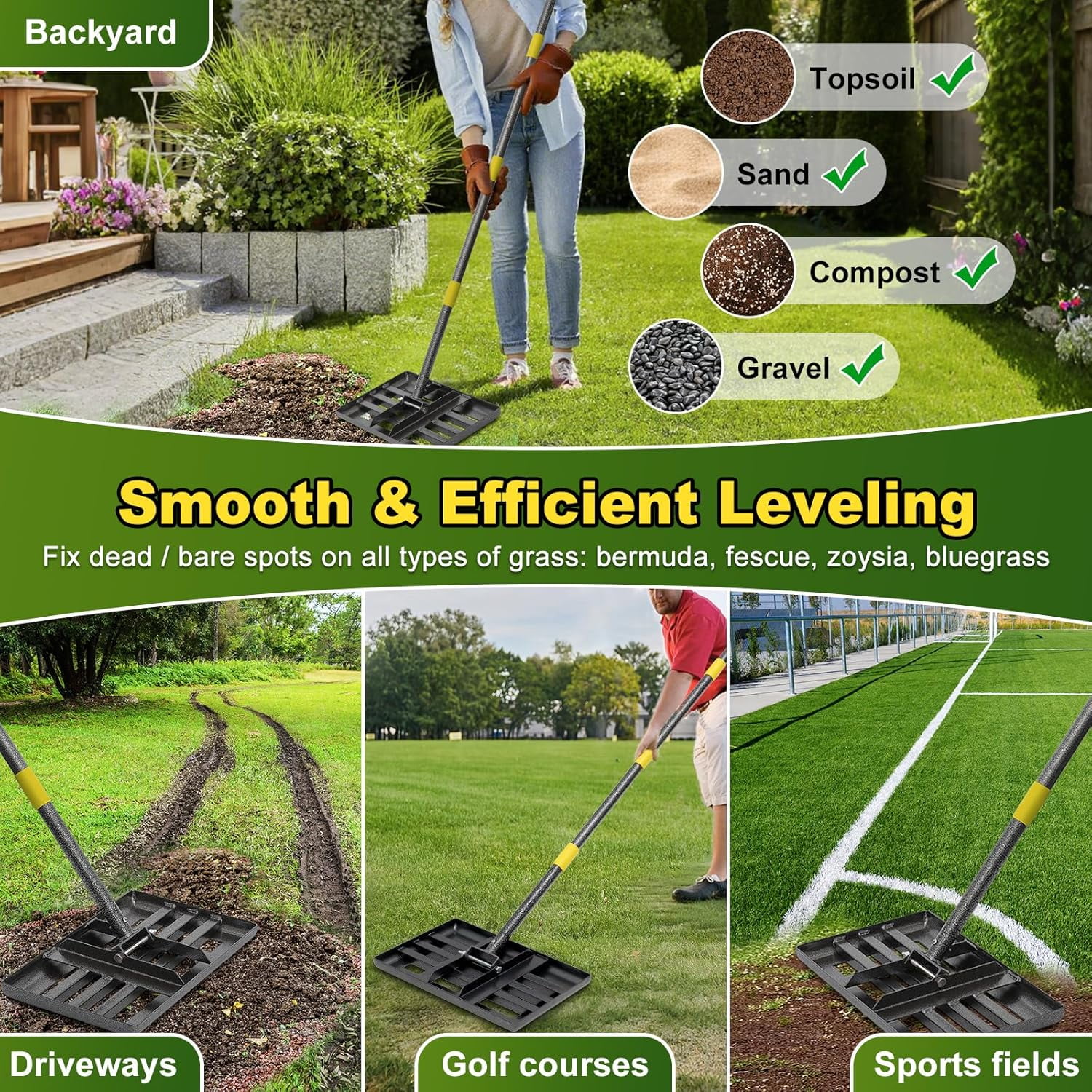 BsBsBest 17 in Lawn Leveling Garden Rake with Adjustable Handle