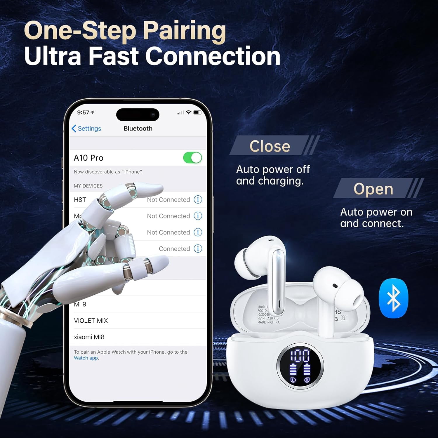 A10 Pro Wireless Earbuds, Bluetooth 5.3 Headphones HiFi Stereo 50H Playback LED Digital Display Ear Buds with ENC Noise Canceling Headset, IPX7 Waterproof Earphones for Gym/Running/Work - Black