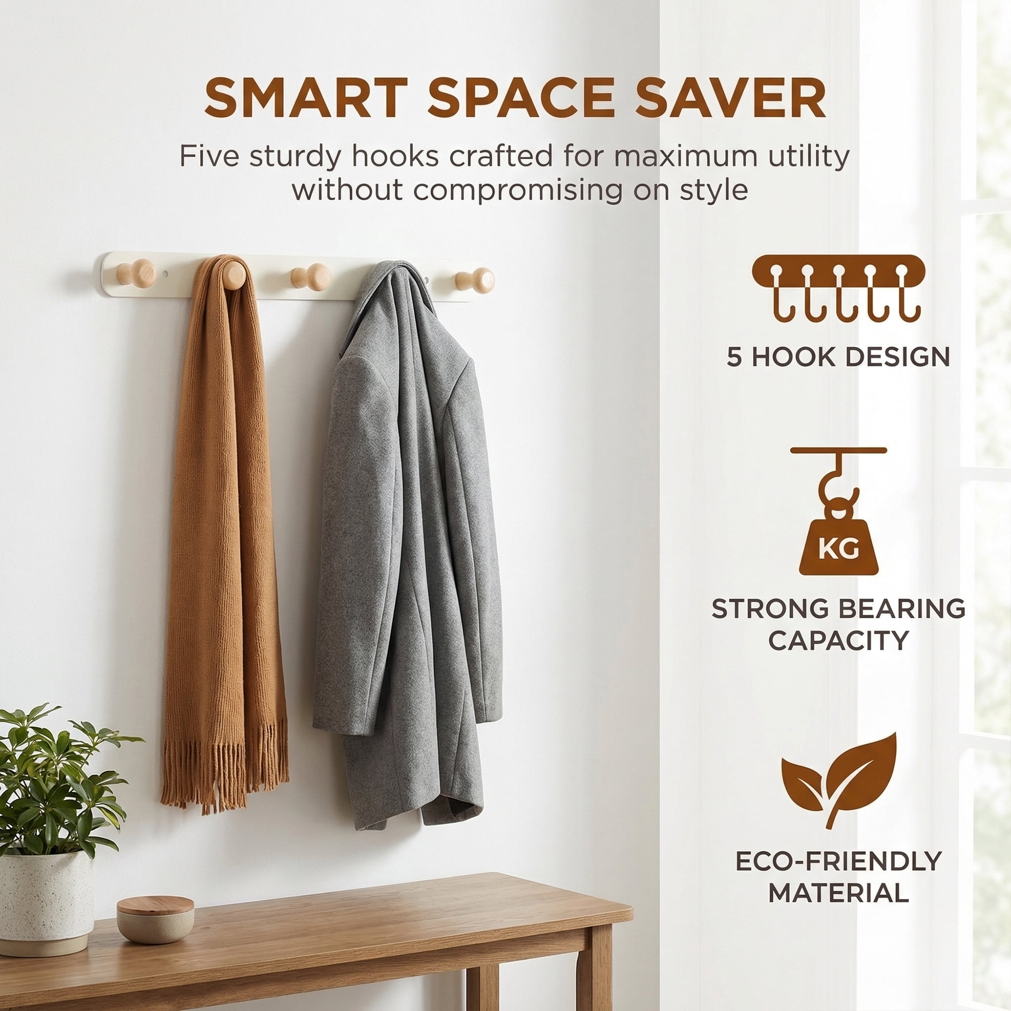 Unique Bargains Coat Rack Wall Mount Aluminum Alloy Wood Hook Hat Rack White 14.2"x1.3"