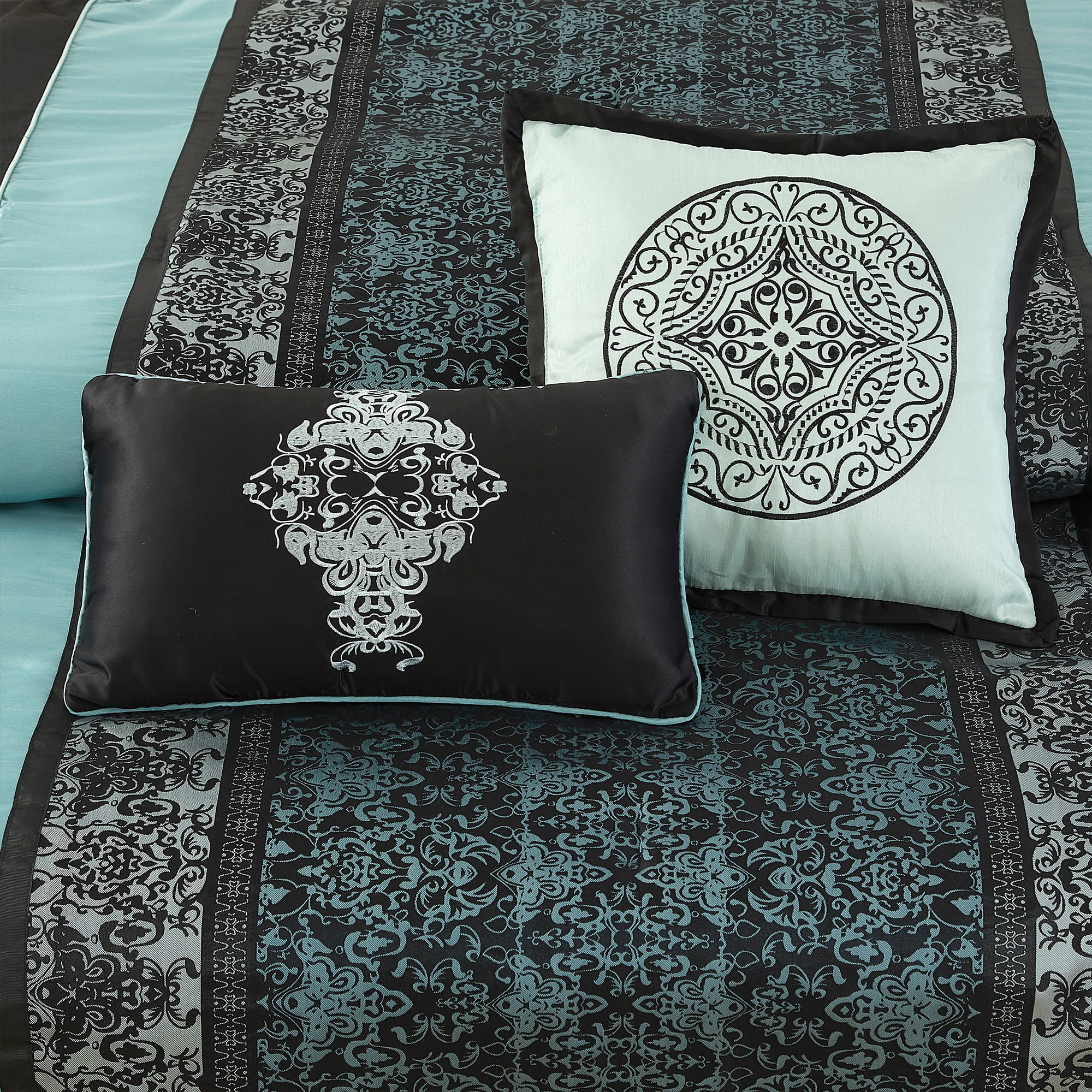 Lanco Black & Teal Comforter Set California King Size, Classic Jacquard Bedding Sets, Faux Silk, Premium Microfiber, 12 Pieces Bed in a Bag, Matching Fitted Sheet, Flat Sheet
