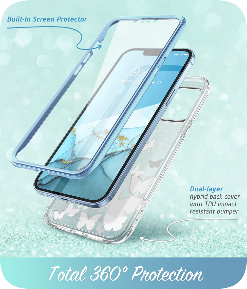 i-Blason Cosmo Series iPhone 13 Pro Max Case 6.7 inch (2021 Release), Slim Full-Body Stylish Protective Case for iPhone 13 Pro Max with Built-in Screen Protector (Blue Butterfly)