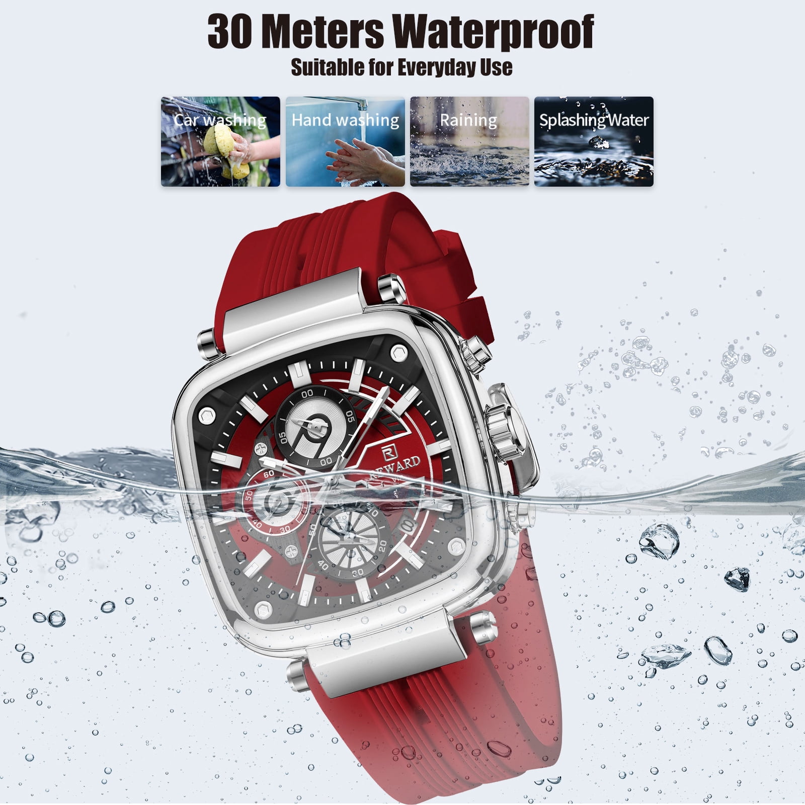 Square Watches for Men Red Silicone Chronograph Fashion Sports Watch Luminous Waterproof Casual Wrist Watches Silver Red
