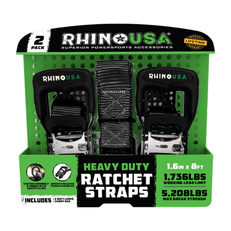 rhino usa hd ratchet tie-down straps, 1.6in x 8ft, 2-pack