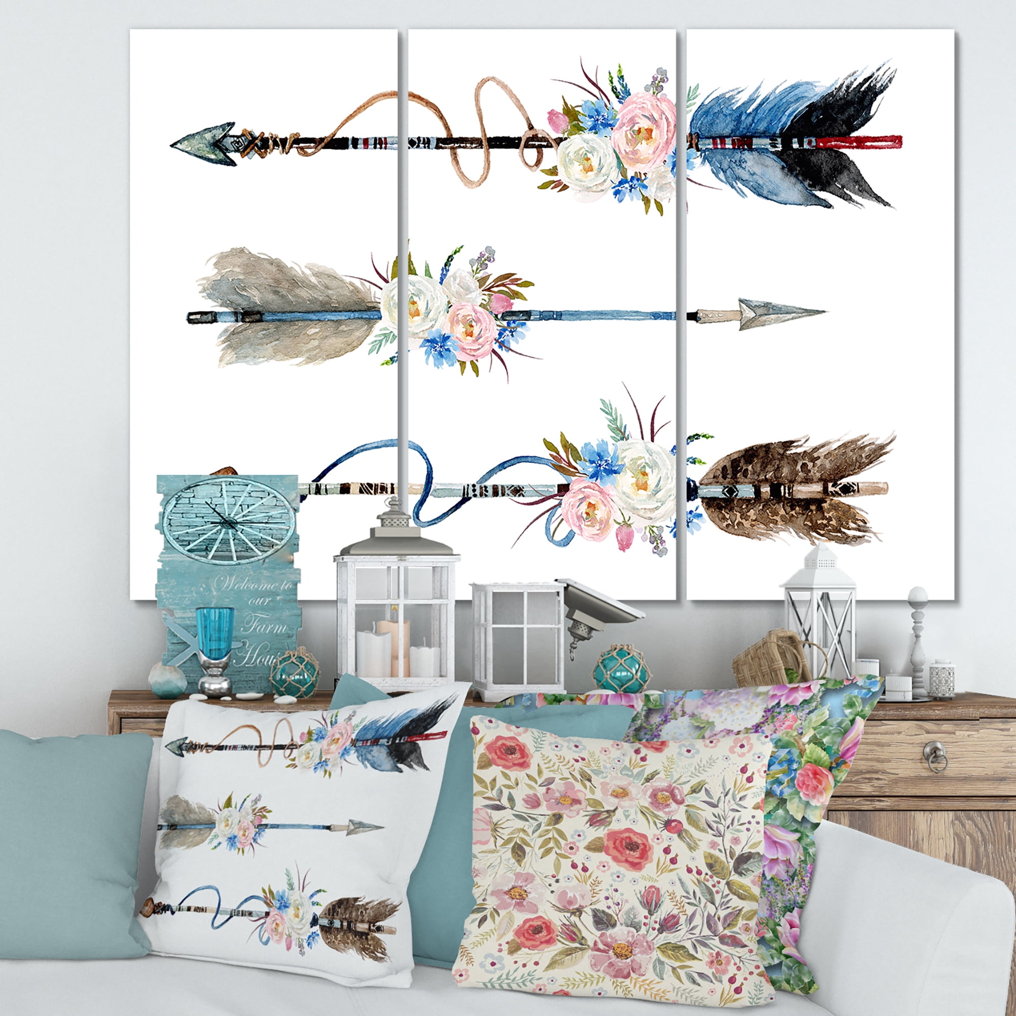 Designart ' Flowers and Ethnic Feathers On Native Arrows I ' Bohemian & Eclectic Canvas Wall Art Print