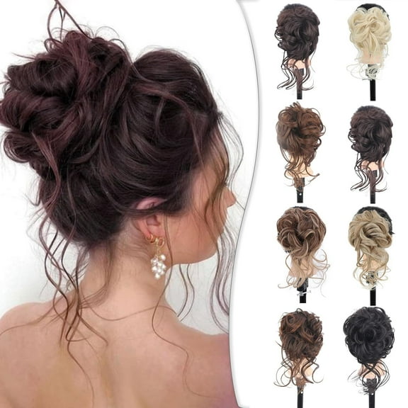SUCS Messy Bun Hair Piece for Women with Claw Clip Hair Extensions Dark Brown Bun,Curly Wavy Hair Bun Clip in Claw Chignon Ponytail Hairpieces with Long Beard Tousled Updo Hair